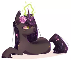 Size: 1024x860 | Tagged: safe, artist:raponee, derpibooru import, oc, oc:lotus, unofficial characters only, pony, unicorn, female, flower, magic, mare, prone, solo