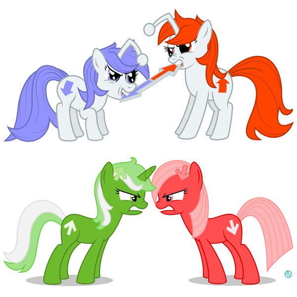 Size: 1920x1920 | Tagged: safe, artist:arifproject, artist:rainbowrage12, derpibooru import, edit, oc, oc:discentia, oc:downvote, oc:karma, oc:upvote, ponified, unofficial characters only, pony, derpibooru, comparison, derpibooru ponified, gritted teeth, looking at each other, meta, mouth hold, nose wrinkle, reddit, simple background, smiling, white background