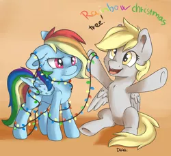 Size: 1750x1600 | Tagged: safe, artist:dbleki, derpibooru import, derpy hooves, rainbow dash, pony, angry, chest fluff, christmas, christmas lights, cute, dashabetes, derpabetes, fluffy, fluffyball, happy, rainbow dash is not amused, tangled up, unamused