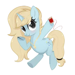 Size: 800x800 | Tagged: safe, artist:peachesandcreamated, derpibooru import, oc, oc:kelly, unofficial characters only, pony, unicorn, blushing, female, mare, needle, simple background, smiling, solo, spool, thread, transparent background, underhoof