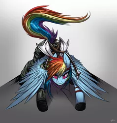 Size: 1218x1280 | Tagged: safe, artist:mirapony, derpibooru import, rainbow dash, pegasus, pony, angry, armor, axe, badass, clothes, commission, crossover, female, implied lesbian, implied shipping, implied twidash, mare, pants, ranger, solo, weapon, x-com, xcom 2