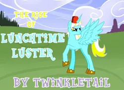 Size: 900x650 | Tagged: safe, derpibooru import, oc, oc:lunchtime luster, unofficial characters only, alicorn, pony, fanfic, pony creator, alicorn oc, author:twinkletail, fanfic art, fanfic cover, fez, fimfiction, fimfiction.net link, hat, solo, turquoise coat