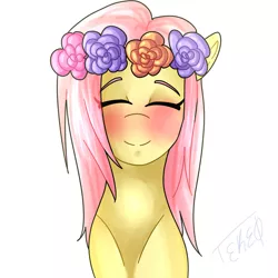 Size: 1024x1024 | Tagged: artist:liza-tekeo, blushing, bust, cute, derpibooru import, eyes closed, floral head wreath, flower, fluttershy, portrait, safe, shyabetes, simple background, smiling, solo, white background