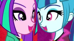 Size: 1920x1080 | Tagged: safe, derpibooru import, screencap, aria blaze, sonata dusk, equestria girls, rainbow rocks, ariabetes, battle of the bands, cute, faic, great moments in animation, happy, open mouth, singing, smiling, sonatabetes, when she smiles