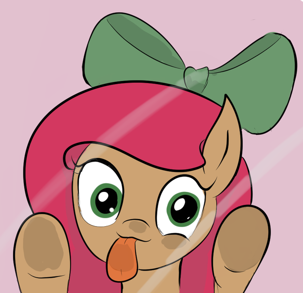 Size: 840x811 | Tagged: safe, artist:rusticanon, derpibooru import, oc, oc:cherry sweetheart, unofficial characters only, pony, :3, against glass, bow, cute, glass, hair bow, looking at you, pink background, silly, silly face, silly pony, simple background, solo, tongue out, underhoof