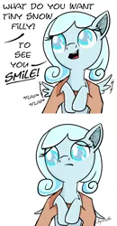 Size: 1564x3001 | Tagged: safe, artist:chopsticks, derpibooru import, oc, oc:snowdrop, unofficial characters only, pegasus, pony, blind, blind joke, cute, dialogue, feels, female, filly, flapping, frown, holding a pony, image, looking down, mood whiplash, offscreen character, open mouth, png, reality ensues, sad, sadorable, simple background, smiling, solo, spread wings, tiny ponies, we are going to hell, what do you want, white background