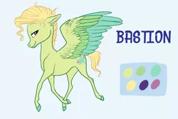 Size: 1024x683 | Tagged: safe, artist:loryska, derpibooru import, oc, oc:bastion, unofficial characters only, pegasus, pony, magical gay spawn, male, offspring, parent:trenderhoof, parent:zephyr breeze, parents:trenderbreeze, reference sheet, solo, stallion