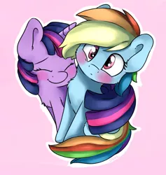 Size: 1800x1900 | Tagged: safe, artist:dbleki, derpibooru import, rainbow dash, twilight sparkle, blushing, chest fluff, confused, cuddling, cute, female, gradient background, hug, lesbian, love, shipping, snuggling, tail hug, twidash