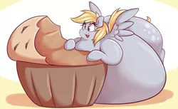 Size: 1280x785 | Tagged: safe, artist:graphenescloset, derpibooru import, derpy hooves, pegasus, pony, aderpose, belly, belly bed, big belly, fat, female, food, giant muffin, happy, huge belly, impossibly large belly, large belly, mare, morbidly obese, muffin, obese, solo