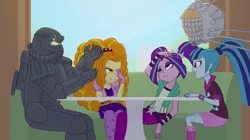 Size: 1355x759 | Tagged: safe, artist:carnifex, derpibooru import, adagio dazzle, aria blaze, sonata dusk, equestria girls, rainbow rocks, annoyed, crossover, eyebot, fallout, power armor, powered exoskeleton, shoddycast, storytelling, t-49d, the dazzlings, the story teller