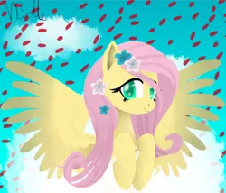 Size: 768x656 | Tagged: safe, artist:nabbiekitty, artist:sorcerell, derpibooru import, fluttershy, pegasus, pony, bust, cloud, flower, flower in hair, looking at you, portrait, smiling, solo, spread wings, stray strand, trace, wings