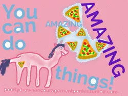 Size: 2048x1536 | Tagged: safe, artist:super trampoline, derpibooru import, oc, unofficial characters only, pony, unicorn, 1000 hours in ms paint, food, levitation, magic, ms paint, pink background, pink coat, pizza, pizza cutie mark, poorly drawn encouragement ponies, purple mane, simple background, solo, telekinesis, text