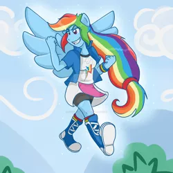 Size: 1024x1024 | Tagged: safe, artist:yoshimarsart, derpibooru import, rainbow dash, equestria girls, ponied up, solo, walking on air, watermark