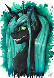 Size: 1709x2455 | Tagged: artist:stirren, bust, changeling, changeling queen, crown, derpibooru import, fangs, female, horn, jewelry, portrait, queen chrysalis, regalia, safe, side, side view, solo, source needed, teeth, traditional art