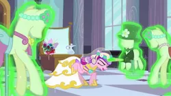 Size: 1280x720 | Tagged: a canterlot wedding, changeling, clothes, derpibooru import, disguise, disguised changeling, dress, fake cadance, mannequin, princess cadance, queen chrysalis, safe, screencap, solo, this day aria
