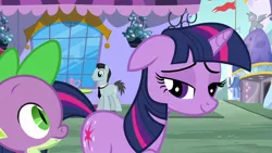 Size: 1280x720 | Tagged: derpibooru import, floppy ears, lidded eyes, safe, screencap, spike, the crystal empire, the failure song, twilight sparkle
