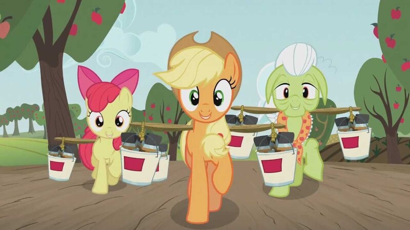 Size: 1280x720 | Tagged: safe, derpibooru import, screencap, apple bloom, applejack, granny smith, pony, apple family reunion, raise this barn