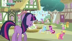 Size: 1280x720 | Tagged: safe, derpibooru import, screencap, berry punch, berryshine, caesar, carrot top, cherry berry, count caesar, daisy, flower wishes, golden harvest, linky, royal ribbon, savoir fare, shoeshine, twilight sparkle, earth pony, pony, unicorn, magical mystery cure, background pony, female, head tilt, male, mare, morning in ponyville, stallion