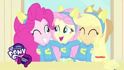 Size: 1920x1080 | Tagged: safe, derpibooru import, screencap, applejack, fluttershy, pinkie pie, equestria girls, helping twilight win the crown, logo