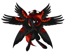 Size: 2062x1654 | Tagged: safe, artist:beardie, derpibooru import, oc, oc:daemos, unofficial characters only, alicorn, cyborg, demon, pony, robot, seraph, seraphicorn, alicorn oc, chicken wings, edgy, female, halo, mare, multiple wings, red and black oc, red eyes, simple background, solo, spread wings, this isn't even my final form, transparent background