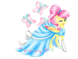 Size: 1024x768 | Tagged: dead source, safe, artist:themagicfantasy, derpibooru import, fluttershy, alternate hairstyle, cinderella, cindershy, clothes, cutie mark background, dress, one eye closed, simple background, solo, stockings, tongue out, transparent background, wink
