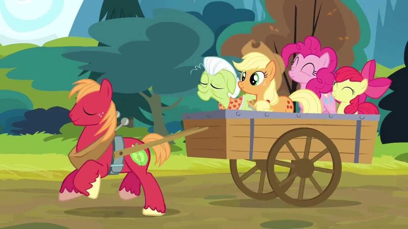 Size: 1280x720 | Tagged: safe, derpibooru import, screencap, apple bloom, applejack, big macintosh, granny smith, pinkie pie, earth pony, pony, pinkie apple pie, apple family, apple siblings, apples to the core, male, stallion