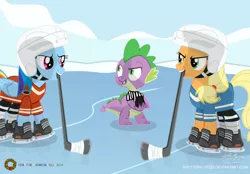 Size: 2831x1973 | Tagged: applejack, artist:shutterflyeqd, clothes, derpibooru import, helmet, hockey, hockey stick, ice, ice skates, mouth hold, puck, rainbow dash, referee, safe, snow, spike, sports