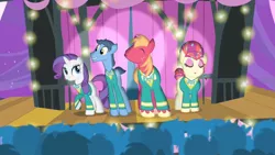 Size: 1280x720 | Tagged: safe, derpibooru import, screencap, big macintosh, rarity, toe-tapper, torch song, earth pony, pony, filli vanilli, find the music in you, male, ponytones, ponytones outfit, stallion