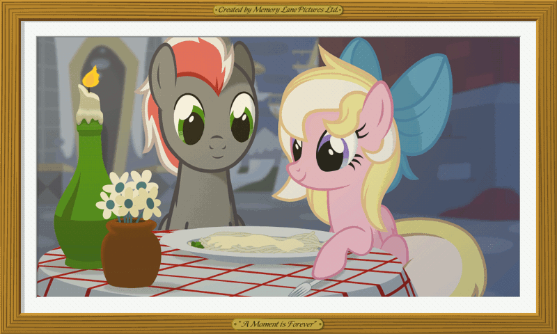 Size: 1200x720 | Tagged: animated, artist:misteraibo, bahx, candle, canterlot, cute, derpibooru import, dinner, eating, food, fork, gif, hoof hold, lady and the tramp, male, memory lane pictures, oc, oc:bay breeze, oc:mahx, pasta, perfect loop, safe, shipping, smiling, spaghetti, spaghetti scene, straight, unofficial characters only, vector