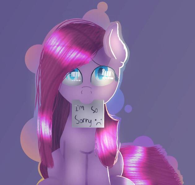 Size: 1003x955 | Tagged: artist:victoriathething, :c, derpibooru import, eye reflection, looking at you, looking up, mouth hold, note, pinkamena diane pie, pinkie pie, safe, sitting, solo, sorry