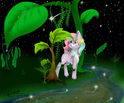 Size: 1024x853 | Tagged: dead source, safe, artist:themagicfantasy, derpibooru import, oc, oc:pixie belle, unofficial characters only, deer, giant plant, plant, solo, starry night, stars