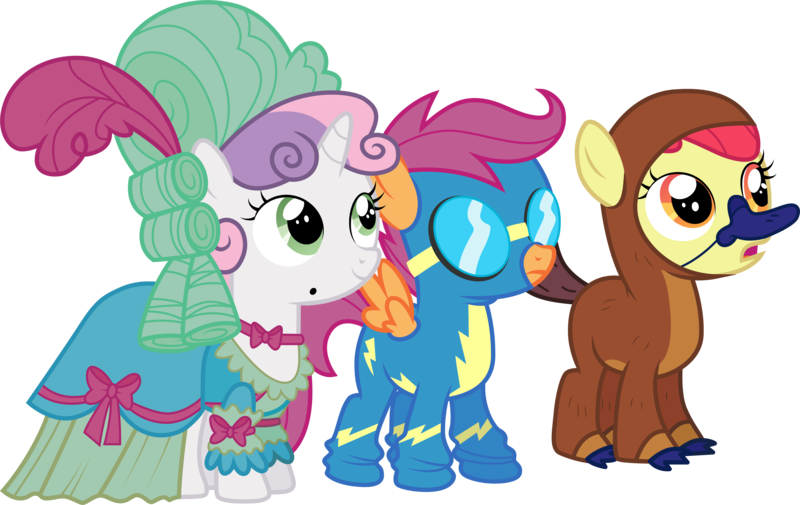 Size: 4756x3001 | Tagged: absurd resolution, .ai available, apple bloom, artist:cloudyglow, clothes, costume, cutie mark crusaders, derpibooru import, dress, goggles, nightmare night costume, open mouth, platypus, safe, scare master, scootaloo, simple background, sweetie belle, transparent background, vector, wonderbolts uniform