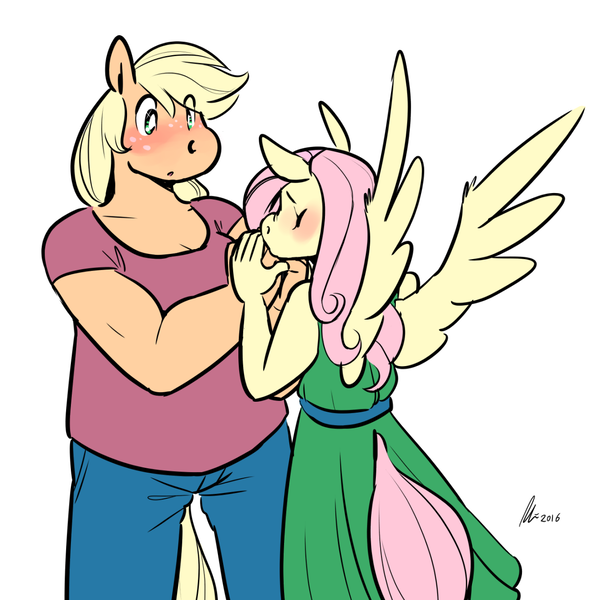 Size: 1280x1262 | Tagged: anthro, applejack, appleshy, artist:rwl, blushing, derpibooru import, female, fluttershy, height difference, injured, kissing, kiss on the hand, lesbian, safe, shipping, size difference, spread wings, strong fat