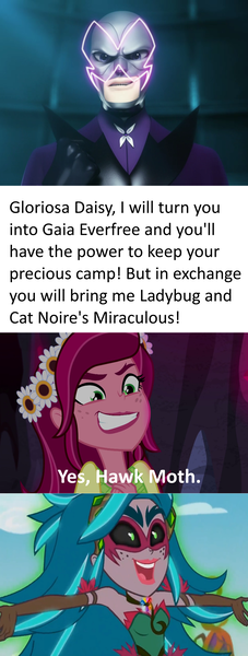 Size: 1538x4069 | Tagged: safe, derpibooru import, gaea everfree, gloriosa daisy, equestria girls, legend of everfree, absurd resolution, akumatized, crossover, dialogue, hawk moth, magical geodes, miraculous ladybug