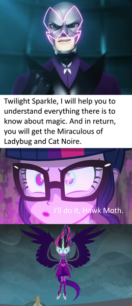 Size: 1538x3567 | Tagged: safe, derpibooru import, sci-twi, twilight sparkle, equestria girls, friendship games, akumatized, crossover, dialogue, hawk moth, midnight sparkle, miraculous ladybug