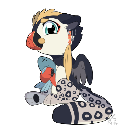 Size: 500x500 | Tagged: safe, artist:curiouskeys, derpibooru import, oc, oc:chumhook, unofficial characters only, big cat, fish, gryphon, puffin, snow leopard, chibi, dead, female, simple background, sitting, solo, transparent background, x eyes