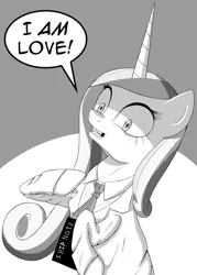 Size: 767x1071 | Tagged: anime, artist:deusexequus, clothes, death note, derpibooru import, dialogue, implied shipping, insanity, monochrome, open mouth, parody, princess cadance, princess of love, princess of shipping, run, safe, shipper on deck, shrunken pupils, solo, speech bubble, wide eyes, with great power comes great shipping