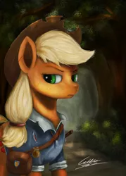 Size: 1500x2100 | Tagged: applejack, artist:cattle32, clothes, cowboy hat, derpibooru import, forest, freckles, hat, hunter, path, safe, scar, scenery, scratches, shirt, shoulder bag, signature, solo, stetson, torn clothes