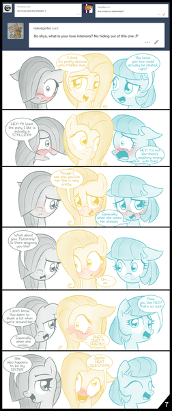 Size: 807x1920 | Tagged: safe, artist:thealjavis, derpibooru import, coco pommel, fluttershy, marble pie, pony, ask the shy-tri, blushing, colored pupils, comic, dialogue, female, implied big macintosh, implied flutterpie, implied marblemac, implied marshmallow coco, implied pinkie pie, implied rarity, implied shipping, lesbian, looking at you, male, open mouth, simple background, speech bubble, straight, the council of shy ponies, trio, tumblr, white background