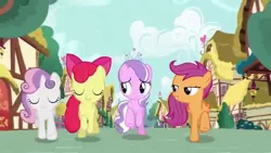 Size: 1280x720 | Tagged: safe, derpibooru import, screencap, apple bloom, diamond tiara, scootaloo, sweetie belle, pony, crusaders of the lost mark, cutie mark crusaders, light of your cutie mark