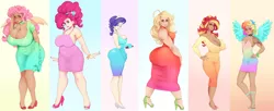 Size: 4600x1875 | Tagged: suggestive, artist:sundown, derpibooru import, applejack, fluttershy, pinkie pie, rainbow dash, rarity, sunset shimmer, human, equestria girls, absurd resolution, big breasts, breasts, busty fluttershy, busty pinkie pie, busty sunset shimmer, chubby, cleavage, clothes, dark skin, dress, erect nipples, female, horned humanization, huge breasts, huge butt, human coloration, humanized, jacqueline applebuck, juliette d'rarie, large butt, nipple outline, sideboob, smoldash, tallershy, the ass was fat, winged humanization