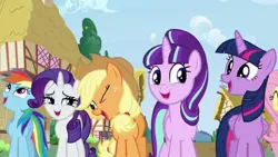 Size: 1280x720 | Tagged: safe, derpibooru import, screencap, applejack, fluttershy, rainbow dash, rarity, starlight glimmer, twilight sparkle, twilight sparkle (alicorn), alicorn, pony, the cutie re-mark, friends are always there for you, s5 starlight