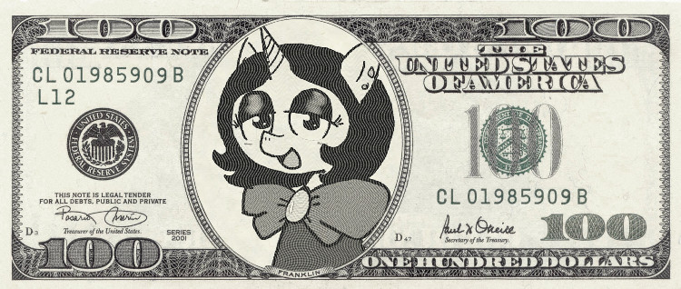 Size: 750x318 | Tagged: safe, artist:ficficponyfic, derpibooru import, edit, oc, oc:joyride, unofficial characters only, pony, unicorn, colt quest, bowtie, dollar, ear piercing, federal reserve note, female, horn, mantle, mare, money, photofunia, piercing, text