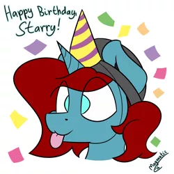 Size: 3000x3000 | Tagged: safe, artist:magmatic, derpibooru import, oc, oc:starry gaze, unofficial characters only, pony, unicorn, :p, hat, party hat, solo, tongue out