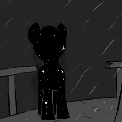 Size: 500x500 | Tagged: safe, artist:thebathwaterhero, derpibooru import, oc, unofficial characters only, pony, series:entrapment, adult, constellation, creature, female, first person view, first pony view, lighthouse, mare, offscreen character, pov, railing, rain, sad, stars, storm, story included