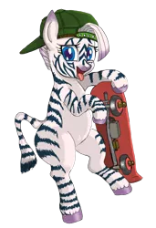 Size: 1400x2044 | Tagged: safe, artist:xkaix2501, derpibooru import, oc, oc:zebella, unofficial characters only, zebra, 2017 community collab, derpibooru community collaboration, backwards ballcap, baseball cap, cap, hat, looking at you, open mouth, simple background, skateboard, solo, tongue out, transparent background