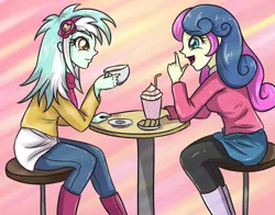 Size: 3507x2747 | Tagged: safe, artist:sumin6301, derpibooru import, bon bon, lyra heartstrings, sweetie drops, equestria girls, adorabon, clothes, coffee, cookie, cup, cute, female, food, lesbian, looking at each other, lyrabetes, lyrabon, milkshake, open mouth, pants, plate, scarf, shake, shipping, sitting, smiling, straw, sweater, table