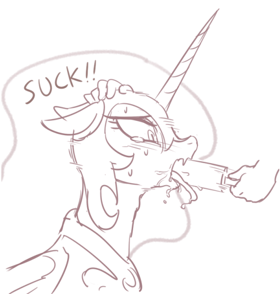 Size: 610x640 | Tagged: artist:ta-na, blowjob, deepthroat, derpibooru import, disembodied hand, edit, food, forced, human, implied blowjob, implied oral, implied sex, monochrome, nightmare moon, not porn, offscreen character, oral, popsicle, questionable, sketch, sucking