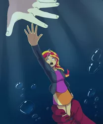 Size: 1500x1800 | Tagged: semi-grimdark, artist:megablack0x, derpibooru import, fluttershy, sunset shimmer, equestria girls, air bubble, asphyxiation, bubble, clothes, demon hand, dragged, drowning, imminent death, skirt, underwater