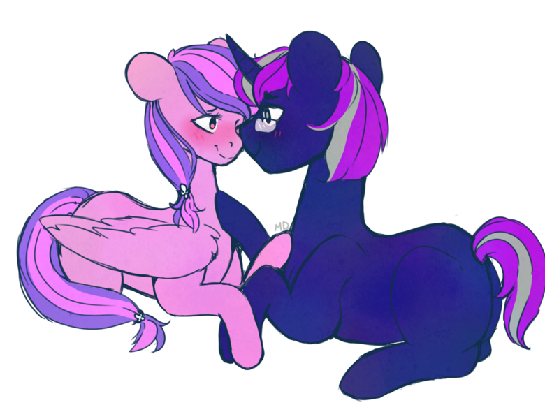 Size: 1300x1000 | Tagged: safe, artist:cinnamonsparx, derpibooru import, oc, oc:apath, oc:moonlight blossom, unofficial characters only, pegasus, pony, unicorn, apassom, female, male, mare, prone, stallion